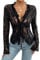 Women Lace Tops Long Sleeve See Through Sexy Deep V Neck Sheer Mesh Crop Top Shirt Open Front Tie Blouse (A-a-Black, M)