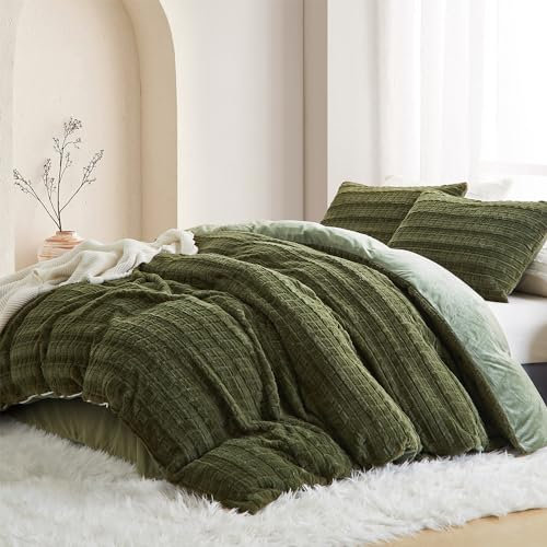 Sedefen Plüsch Bettwäsche 155x220 cm Grün Winter Warme Kunstfell Flanell Winterbettwäsche Flauschig Biber ÖKO-TEX Bettwäsche und 1 Kissenbezug 80x80cm mit Reißverschluss