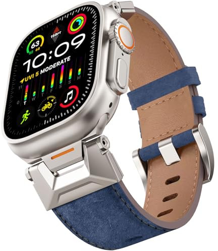 ALFARAY Compatibile con Cinturino Apple Watch Ultra 1 2 49mm, Pelle Cinturino con Connettore in Acciaio Inox per iWatch Series 10 46mm 9 8 7 45mm SE 6 5 4 44mm 3 2 1 42mm, Titano/Blu