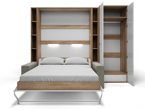 MAXIMAHOUSE Schrankbett vertikal mit Sofa, 2 Regalen und Kleiderschrank, Invento LED 140V mit Lattenrost aus Holz, Wandklappbett 140x200 modern Design (Eiche Country/Weiß matt+ beiges Sofa)