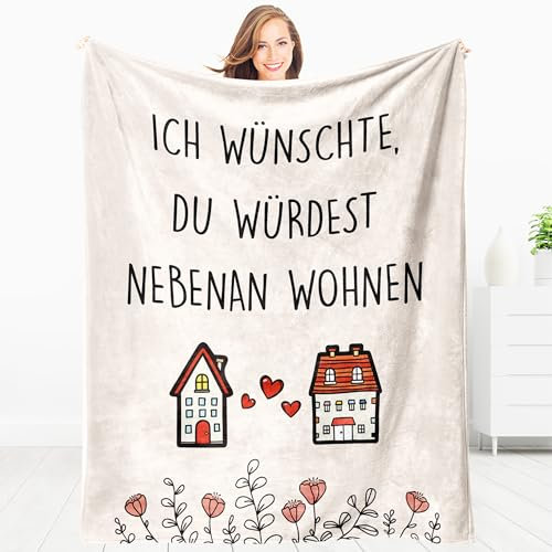 Giftasy Geschenk für Frauen, Beste Freundin, Schwester Geburtstag - Kuscheldecke mit Spruch, Geburtstagsgeschenk, Ich wünschte, du würdest nebenan wohnen, I Wish You Lived Next Door