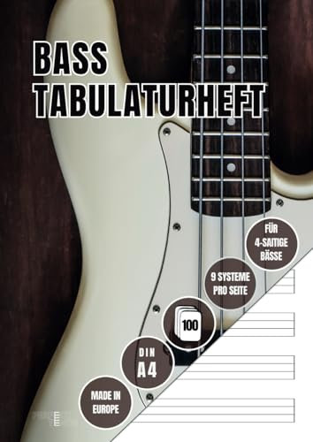 Bass Tabulaturheft: Tab Buch mit 100 Seiten | 9 leere Systeme pro Seite | Ideal für Bassisten, Anfänger, Schüler & Musiklehrer | für 4-saitige Bässe (A4, Softcover)