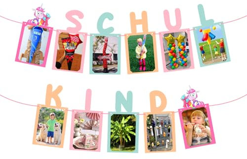 Girlande Schulkind, Einschulung Deko mädchen Rosa, mit Platz für Eigene Fotos Banner, Schulkind Banner mit Einhorn-Muster, Schulanfang Girlande Hängende Dekoration für von 1 bis 13 Jahre (Rosa)