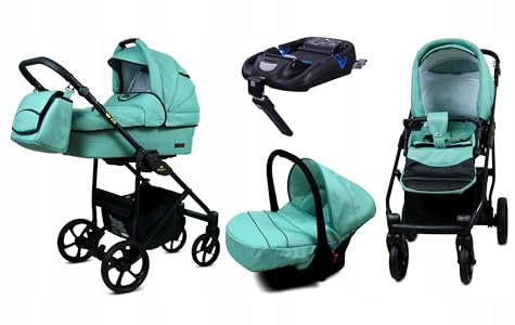 BabyLux® Kinderwagen Set 4 in 1 - Air - Sage - incl. Babywanne, Buggy Sportsitz, Auto-Babyschale, Basisstation - Autositz - Kinderwagenset - Kombikinderwagen mit Wickeltasche usw.