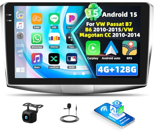 4+128G Android 15 Autoradio für VW Magotan/CC/Passat B7/B6 2010-2015, 10.1 Incell Touchscreen-Radio mit Wireless CarPlay & Android Auto Bluetooth 5.0 GPS WiFi FM/RDS 32EQ