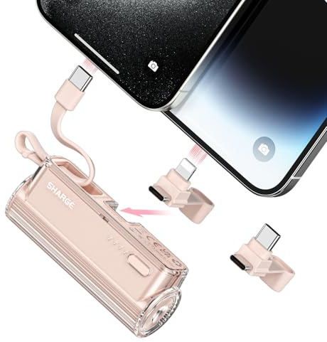 SHARGE Flow Mini 2 Powerbank mit integriertem Kabel, 22,5W Max Tragbares Ladegerät für Reisen, Schnelllade-Akku mit iOS und USB C Anschluss für iPhone 17/16/15/14, Galaxy und mehr