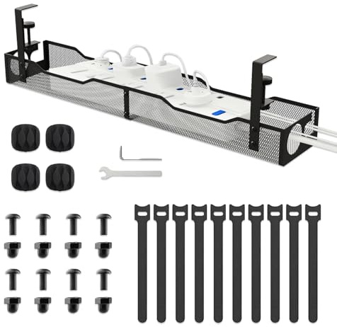 Sythrix Cable Management, 25'' Long Under Desk Cable Management Tray No Drill, Metal Cable Tidy with Clamp, Desk Cable Management for Home Office Kitchen, Black