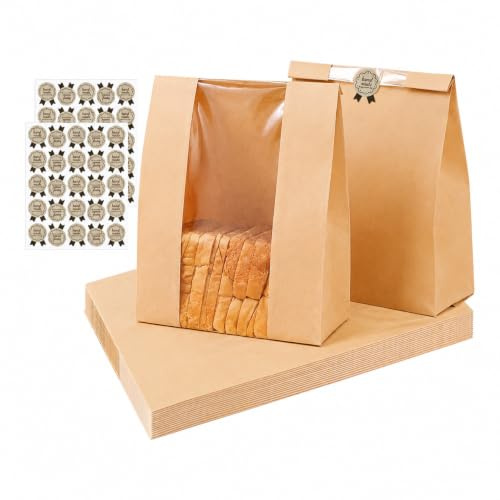 30PCS Large Paper Bread Bags for Homemade Bread, Sandwich Bag with Stickers | 'Handmade' Stickers,Sourdough Loaves Breads Bags with Window for Storage Bread Cookies & Snacks Gift Giving, Bakery Bag