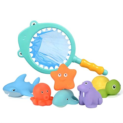 NIWWIN Juguetes de Baño para Bebés, 7 Piezas con Red de Pesca de Tiburón y Animales Marinos, Juguetes Flotantes para Bañera, Juego Educativo para Niños Pequeños
