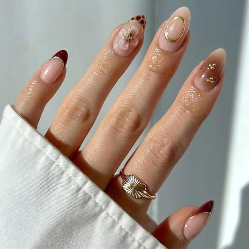 NXYCHIC 30pcs Nude Brown Gold Accent Press on Nails - Stiletto False Nails, Elegant Mixed-Decor Reusable Artificial Nails for Daily & Events