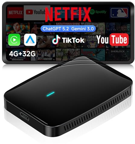 Adaptador inalambrico CarPlay，AI Box Android Auto inalambrico，Wireless CarPlay Adaptador Compatible con Netflix/Youtube/TikTok，4G+32G，DriveChat AI, Doble Wi-Fi，Bloqueo Bluetooth CB4B