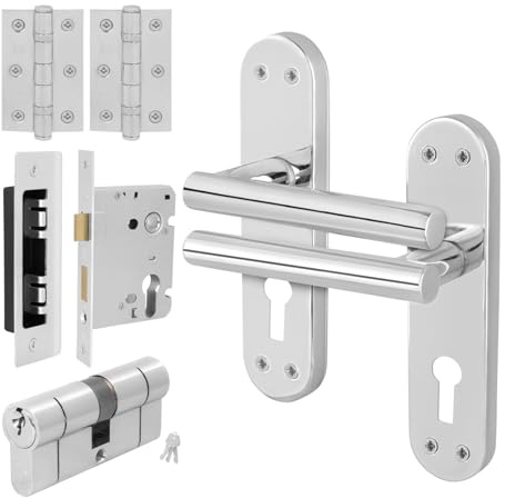 EAI Polished Chrome Door Handle Euro Lock Double Cylinder Kit - Oliena | Complete Kit with 1 Pair of Door Handles, 78mm Euro Lock, Double Cylinder, 76mm Hinges and 2 Escutcheons, Fixings Included