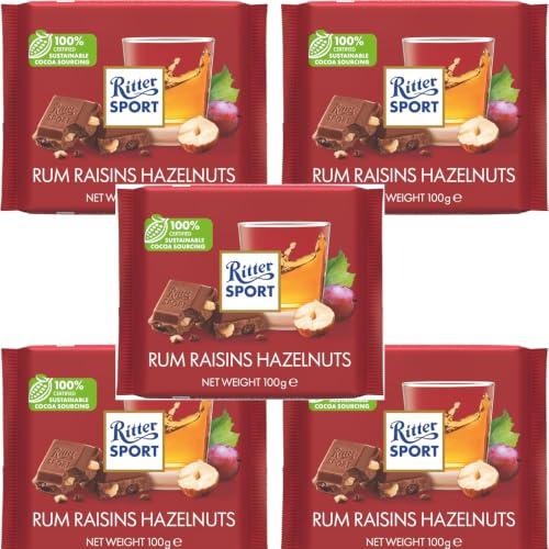 Ritter Sport Rum Raisins Hazelnuts Milk Chocolate, 5x100g