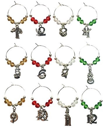 Libby's Market Place 12 Days of Christmas Wine Glass Charms (Mixed Christmas Colour Beads) with Velvet Gift Bag