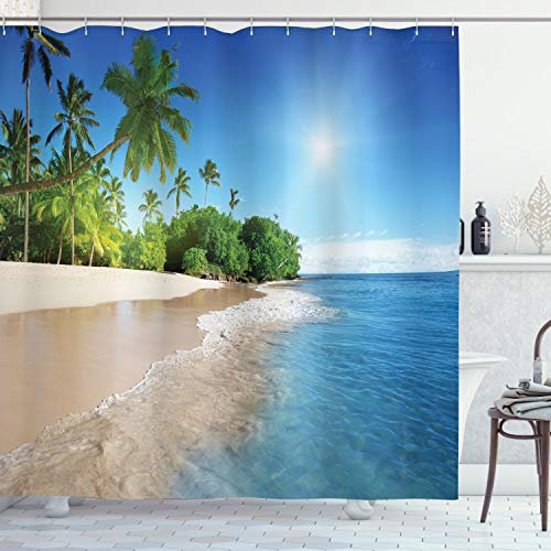 ABAKUHAUS Wendekreis Duschvorhang, Suuny-Ozean-Palmen, mit 12 Ringe Set Stielvoll Modern, 175x200 cm, Weiß Blau