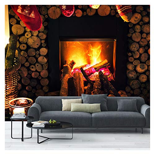 Fototapete mit Kamin-Holzscheiten und Flammen, 260 x 175 cm