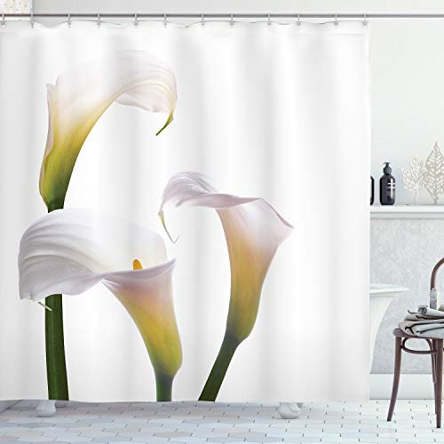 ABAKUHAUS Blume Duschvorhang, Calla-Lilien Romantische, Stoffliches Gewebe Badezimmerdekorationsset mit Haken, 175 x 180 cm, Grün Weiß Gelb