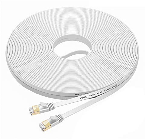 FOSTO Câble Ethernet Cat7 30 m Catégorie 7, plat, RJ45, haute vitesse 10 Gbps LAN Internet Pour Xbox, PS4, modem, routeur, commutateur, PC, boîtier TV 15 m blanc