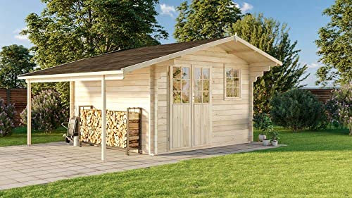 Alpholz Gartenhaus Franco Premium aus Massiv-Holz | Gerätehaus mit 44 mm Wandstärke | Garten Holzhaus inklusive Montagematerial | Geräteschuppen Größe: 380 x 380 cm + 150 cm | Satteldach