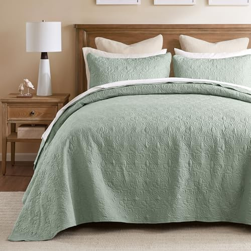 Madison Park Quebec Reversible Quilt Set Damask Design, Double Sided Stitching All Season, Lightweight Bedspread Bedding Set, Matching Sham, Seafoam, Full(96x110) 3 Piece
