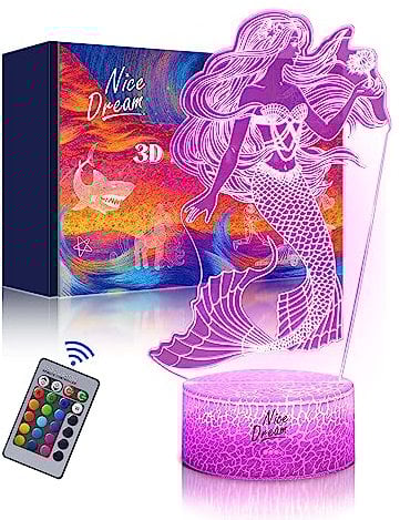 Nice Dream Meerjungfrau Nachtlicht für Kinder, 3D Illusion Lampe Kinderzimmer LED Licht, Fernbedienung 16 Farbwechsel Dimmbar, Kinder Schlafzimmer Dekor, Geschenk für Mädchen Junge