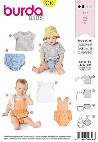 Burda Sewing Pattern 9316 Tops, Dungarees, Shorts Ages: 1 Month-18 Months