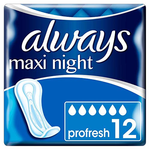 Always Maxi Serviettes Hygiéniques, ProFresh Night, 12 Serviettes Sans Ailettes, Flux Très Abondants Nuit, Cœur Ultra Absorbant et Neutralisation des Odeurs