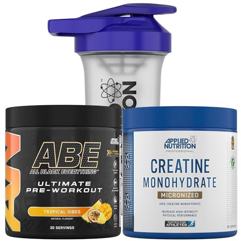 Applied Nutrition Bundle ABE Pre Workout 375g + Creatine 250g + 700ml Protein Shaker | All Black Everything Pre Workout Powder, Energy & Performance with Creatine, Beta Alanine (Tropical)