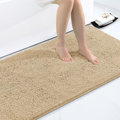 Homaxy rutschfeste Badematte Chenille Badezimmerteppich Mikrofaser Badteppich Saugfähige Hochflor Badvorleger - 60 x 120 cm, Beige