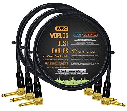 3 Units - 50 CM - Van Damme Pro Grade Classic XKE - Premium, Ultra-Flexible Multi-Shielded Guitar Bass Instrument Effects Pedal Patch Cable w/Eminence R/Angled Gold ¼ inch TS Plugs & Staggered Boots