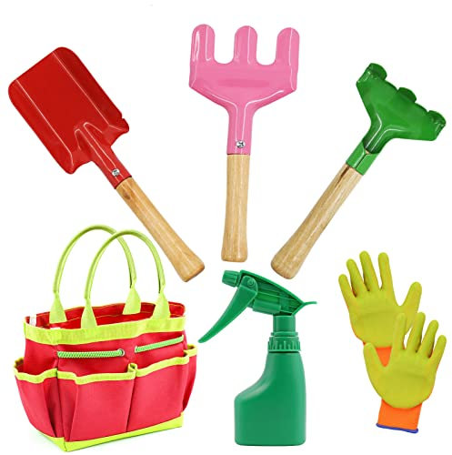 AGAKY Herramientas de Jardín para Niños, Kit Jardineria Niños 7 Piezas con Bolsa de Herramientas, Regadera, Paleta de Mano, Pala de Mano, Rastrillo de Mano, Tenedor de malezas, Guantes Jardinería