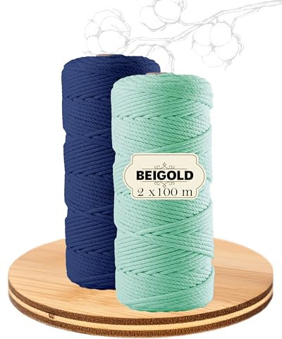 BEIGOLD® Premium Makramee Garn Set Seeblau (3mm x 100 m) für wunderschöne natürliche Optik. Baumwollgarn für Makramee Kunst DIY Handwerk