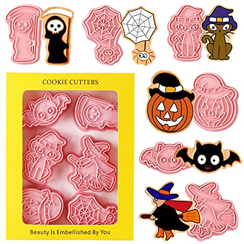 Leesgel Halloween Cookie Cutters Shapes, 6pcs 3D Pressable Pastry Biscuit Cutter for Halloween Cake Decorations Party Supplies Favours, Embossed Stamped Fondant Cutters for Baking Set