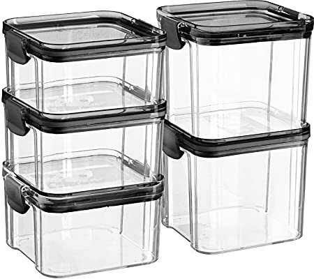 Argon Tableware 5 Piece Food Storage Containers Set - Plastic Kitchen Pantry Organiser Jars - Clip Lid - 2 Sizes - Black