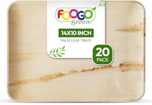 FOOGO Green 20 Disposable Palm Leaf Serving Trays, Large 14x10 inch (35x25cm), For Platters, Starters, Wedding Parties, Charcuterie Board, Eco Friendly Biodegradable Wooden Plates, Hot Food Trays