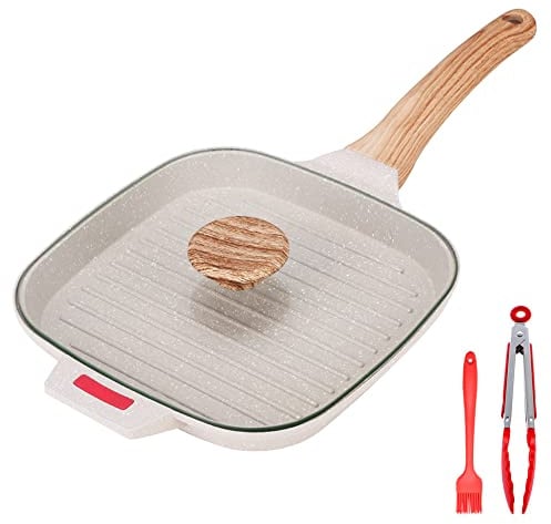 Bobikuke Bistecchiera Antiaderente con Coperchio, Padella Griglia Pietra 21 cm Quadrata per Induzione, Alluminio pressofuso, Bianco