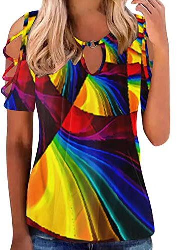 Frauen Kurzarm-Oberteile mit Rundhalsausschnitt, kalte Schulter, T-Shirts, lässig, sexy Sommerhemden, lose, bequeme T-Shirts Shirt Sport Damen