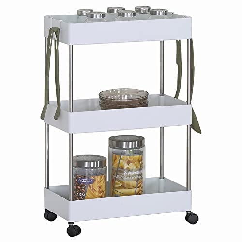 BAKAJI Carrello Carrellino Multiuso Mobile Spazi Stretti Slim Comodo Sottile Salvaspazio Cucina Bagno Ufficio Arredamento Portaoggetti Design Interni 3 Ripiani Bianco (40x23x60 cm)