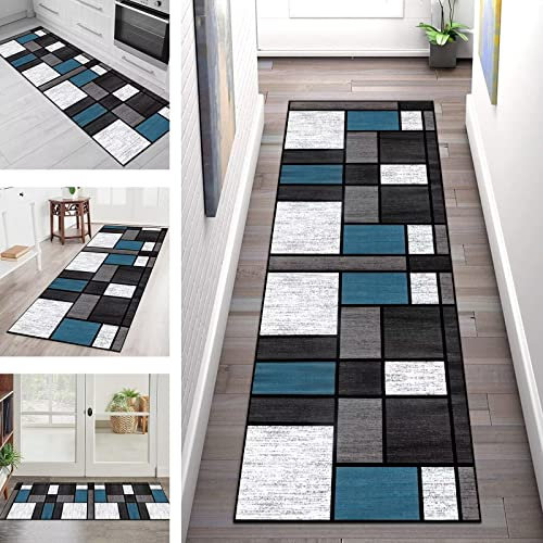 Teppichmatte Korridor Teppich Flur Läufer Grau Blau Weiß Küche rutschfest Teppichläufer 60X500CM Küchenläufer Waschbar, Polyester Tepiche für Wohnzimmer Schlafzimmer Esszimmer Küchenteppich Meterware