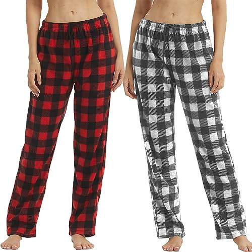 YUSHOW 2 Pack Damen Pyjamahosen Fleece Plaid Pyjamas Bottoms Soft Comfy Sleep Lounge Pj Pants