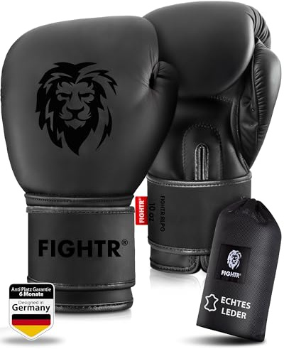 FIGHTR® Guantes de Boxeo de Piel auténtica para Hombres y Mujeres, para Boxeo, MMA, Muay Thai, Kickboxing y Artes Marciales, 10, 12, 14, 16 oz, Incluye Bolsa de Transporte