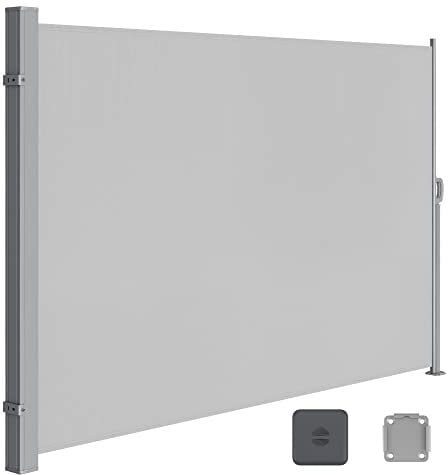 SONGMICS Seitenmarkise mit Stahl-Kasten, rostbeständig, ausziehbar, 200 x 400 cm, Windschutz, Sonnenschutz, Blickdicht, Seitenrollo, für Balkon, Terrasse, Garten, hellgrau GSA504G03