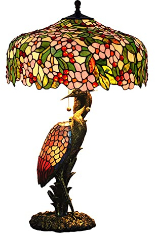 AIBOTY Pink Stained Glass Green Leaves Table Lamp, 20 Inch Tiffany Style Pastoral Cherry Blossom Bedroom Bedside Lamp, Living Room Office Table Decoration Lamp with Pull Cord Switch,B
