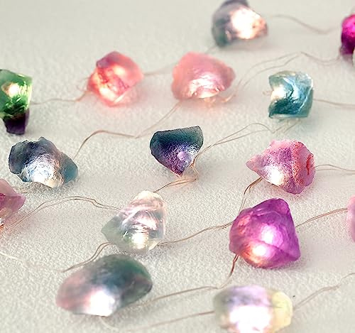 MIYA LIFE Natürliche bunte Fluorit-Lichterkette, 20 LEDs, bunte Fluorit-Kristalle, USB/Batteriebox und Timer/Dimmer-Fernbedienung