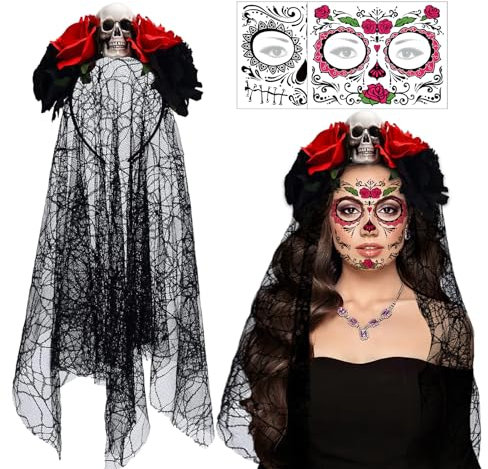 JIASHA Giorno dei Morti Rose Cerchietto,Halloween Cerchietto,Giorno dei Morti Fascia,Fascia Messicana,velo halloween,rosa,teschio,per Halloween Carnevale Giorno dei Morti Feste