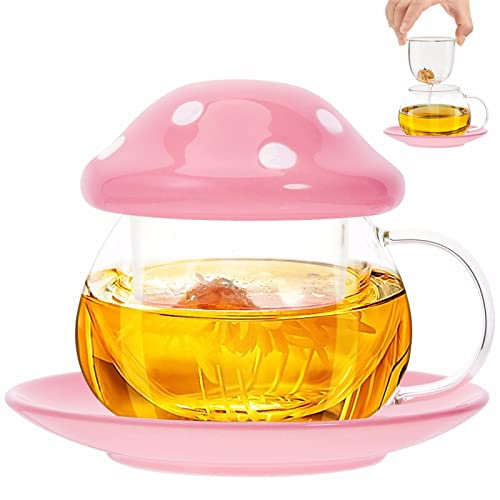 TUHNHGD Tazza Fungo, Bere Tazza Con Coperchio, Tazza Viaggio Caffè, Tazza Da Tè In Vetro Con Infusore E Coperchio, Con Sottobicchiere, Coperchio Della Tazza, Colino Per Il Tè, 290 Ml (Rosa)