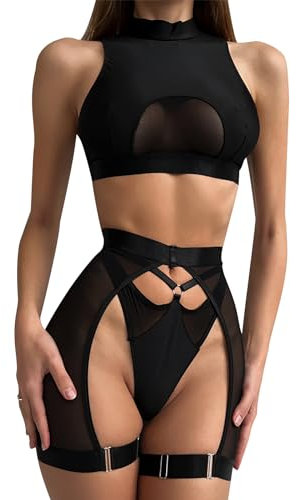 YOMORIO Dessous Damen Sexy, 3-TLG Lingerie Reizwäsche für Frau Bodysuit Unterwäsche Rückenfreies Babydoll Outfit Gürtel Sexy Negligee