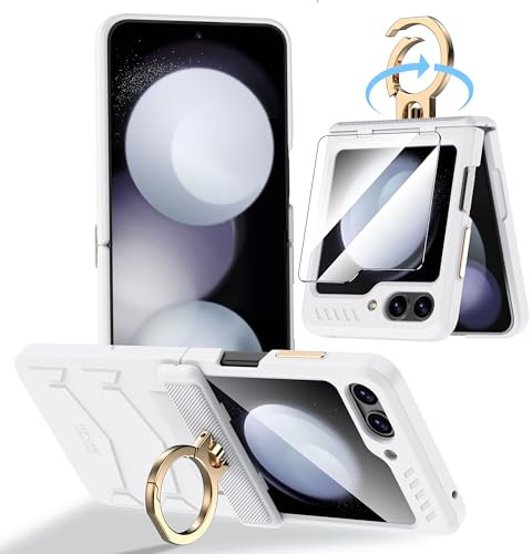 Vizvera for Samsung Galaxy Z Flip 5 Case with Hinge Protection, Bulitin Outer Screen Protector, Ring, Kickstand Military Grade Phone Case Protective Silicone Z Flip 5 Cover Shockproof 2023-White