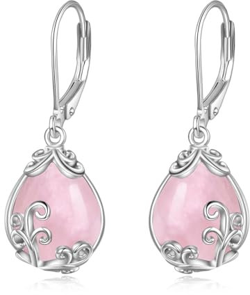 POPLYKE Rosenquarz Filigrane Tropfen Ohrringe Sterling Silber Rosa Kristall Ohrringe mit Kappe Schmuck für Frauen