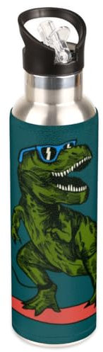Borraccia termica con dinosauro e skateboard, con coperchio con cannuccia, 590 ml, borraccia sportiva a doppia parete, in acciaio inox, senza BPA, a prova di perdite, in metallo, per scuola, sport,